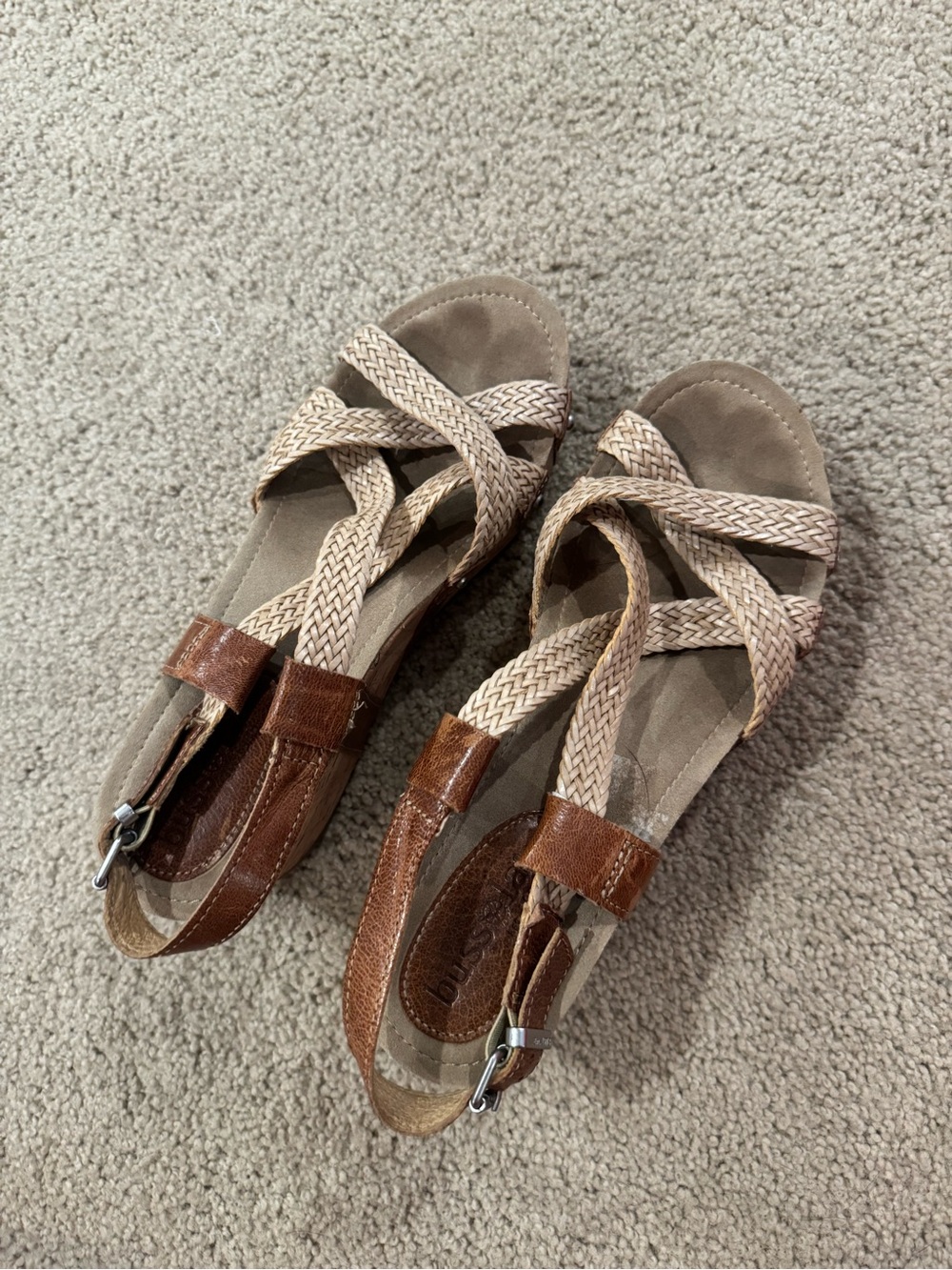 bussola Taupe Braided Wedge Sandals with Brown Leather Trim